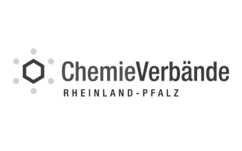 Logo der Chemieverbände Rheinland-Pfalz in Graustufen mit stilisiertem Molekül.