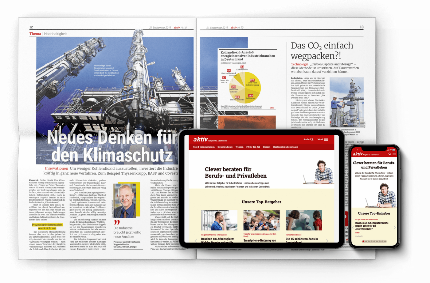 Doppelseiten-Mockup der Zeitung aktiv sowie Tablet- und mobile Ansicht von www.aktiv-online.de.