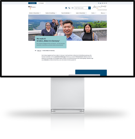 Desktopansicht der Seite Make it in Germany zum 10-jährigen Bestehen der Initiative.