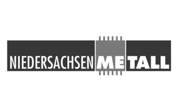 Logo von Niedersachsenmetall in Graustufen mit den hervorgehobenen Initialen ME.