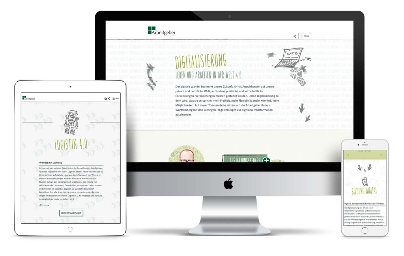 Desktop-, Tablet- und mobile Ansicht des Onepagers zum Thema Digitalisierung für die Landesvereinigung Baden-Württembergischer Arbeitgeberverbände.
