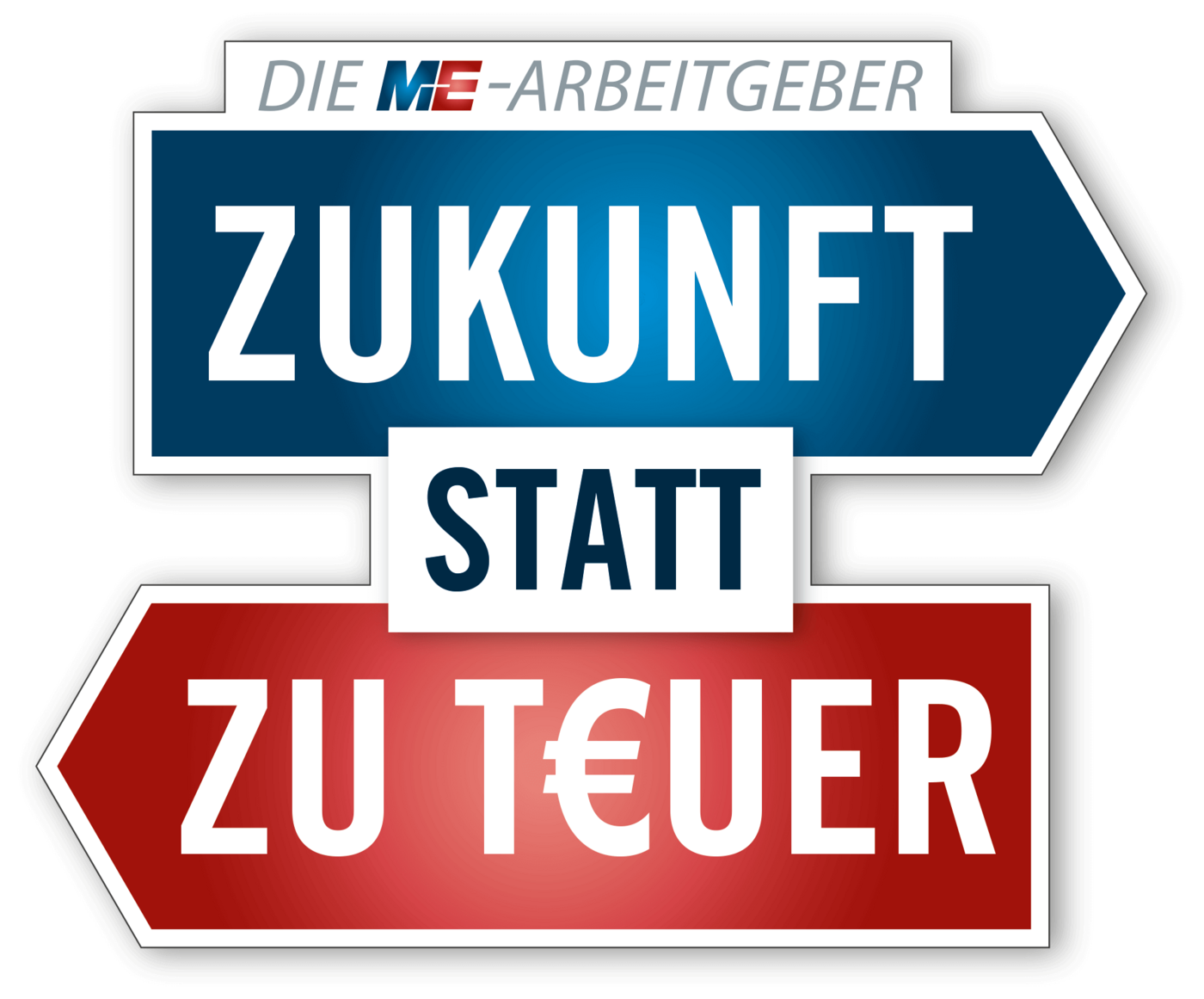 Wegweiser des Arbeitgeberverbands Gesamtmetall mit einem blauen Wegweiser, der in die Zukunft weist, und einem roten Wegweiser, der in die entgegengesetzte Richtung zeigt und mit ,Zu teuer´beschriftet ist.