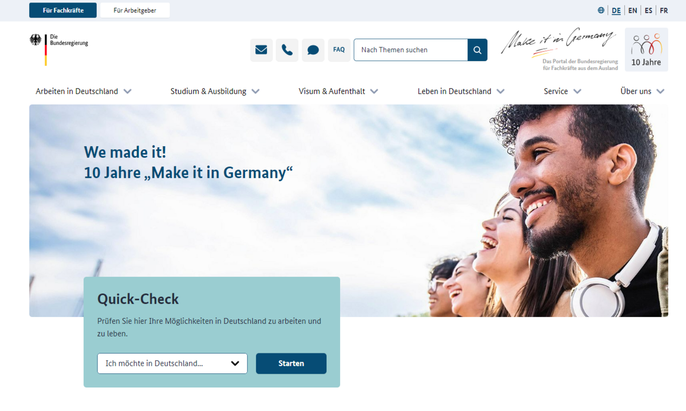 Screenshot des Portals Make it in Germany. Die Seite erinnert an das 10-jährige Bestehen des Portals und lädt zum Quick-Check der Möglichkeiten ein, in Deutschland zu arbeiten.