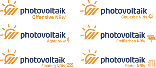 Übersicht über 6 Logo-Varianten zur Photovoltaik-Offensive NRW jeweils mit stilisierter aufgehender Sonne und minimalistischen Icons für die jeweilige Teil-Zielgruppe.