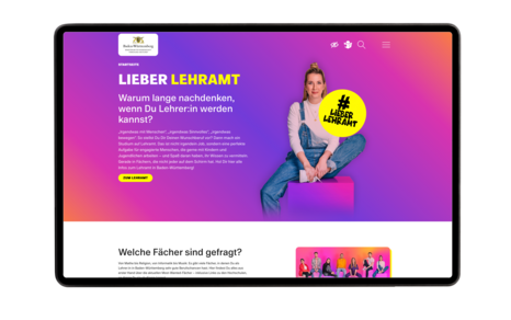 Tabletansicht der Seite www.lieber-lehramt.de mit einem locker inszenierten weiblichen Testimonial.