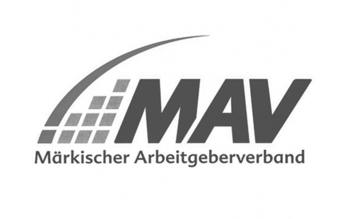 Logo des Märkischen Arbeitgeberverbands in Graustufen mit stilisiertem Bogenelement.