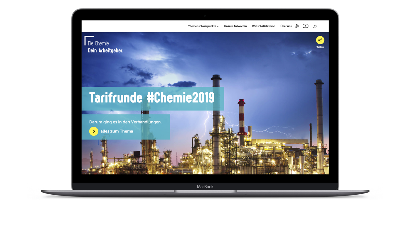 Notebookansicht des Onlineauftritts des Bundesarbeitgeberverbands Chemie (BAVC) zur Tarifrunde 2019.