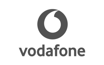 Vodafone-Logo in Schwarz-Weiß mit stilisierter Sprechblase im Kreis.