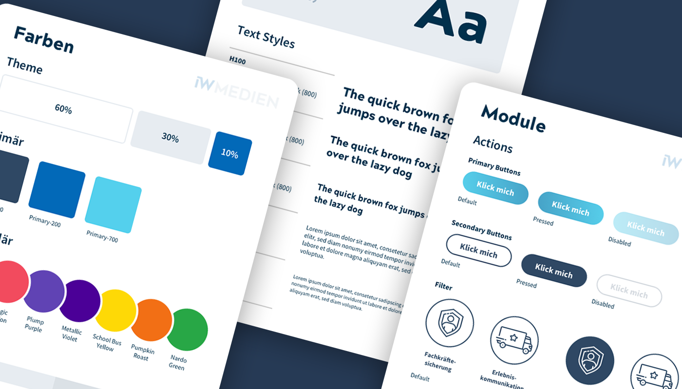 3 Seiten einer Design Pattern Library: 1 für Farben, 1 für Schriftstile und 1 für Module wie Buttons und Icons.